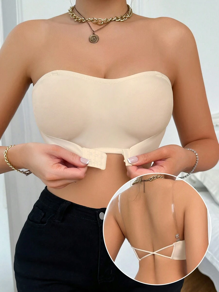 SHEIN Women's Fashionable Front Buckle Backless Cross Strap Bra Strapless Bra - Beige - View 1