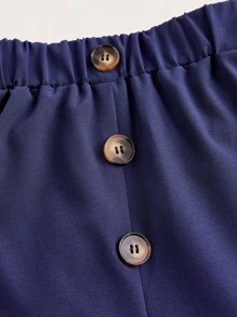 SHEIN LUNE 女款純色簡約鈕扣裝飾長褲，附帶口袋 - 藏蓝色 - 查看 5