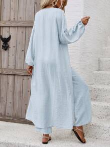 Breezaya Conjunto de blusa larga con mangas kimono y pantalones sólidos de color para vacaciones - Azul - Ver 2