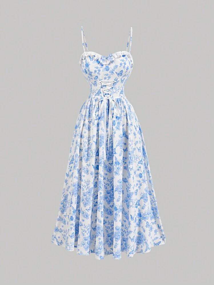SHEIN MOD Blue And White Floral Bow Detail Tie Long Dress | SHEIN USA