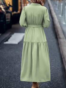 SHEIN LUNE Vestido camisa casual longo feminino de uma fileira, manga longa, cor sólida, vestido longo para primavera/verão, look feminino - Verde Menta - Visão 2