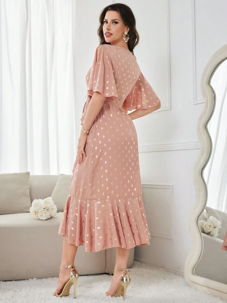 Women's Gold-Color Printed Butterfly Sleeve Wrap Dress With Ruffled Hem And Tie Waist Long Evening Dresses