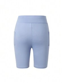 SHEIN Tween Girl Blue Short Leggings With Pocket - Blue - View 2