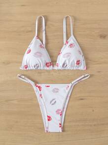 SHEIN Swim Women Lips Printed Bikini Set For Summer Vacation With Triangle Bra And Bikini Bottoms,Summer Beach - Apricot - View 5