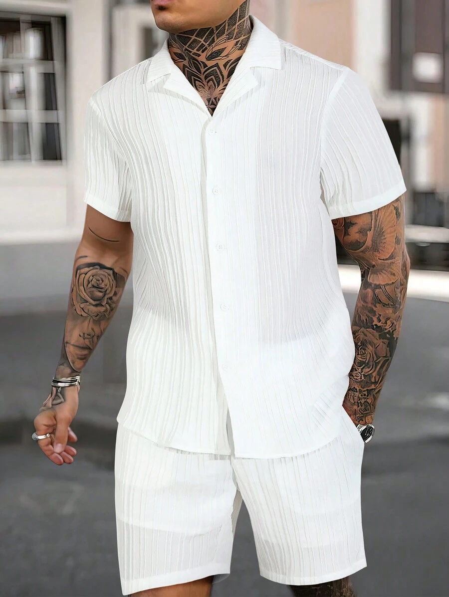 Manfinity Homme Herren Schlicht, Sommer Lässig, Einfarbig Kurzarm Hemd und Shorts Set, für den Ehemann - Weiss - Übersicht 1
