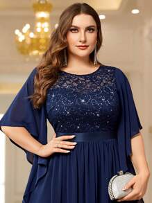 Plus Elegant Butterfly Sleeve Chiffon Sequin Lace Bodice Evening Party Long Dress - Navy Blue - View 7