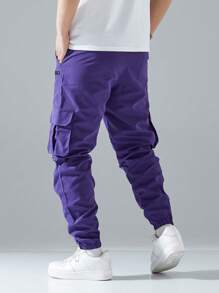Manfinity Hypemode Loose-Fit Men's Cargo Pants With Flap Pockets And Side Drawstring Waist, For Fall - Purple - View 2