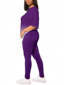 Bộ hai mảnh áo và quần ngắn tay màu gradient lỏng vừa vặn mùa hè - Màu tím - Xem 2