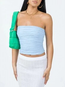INAWLY Top veraniego plisado sin tirantes para mujer - Azul - View 4