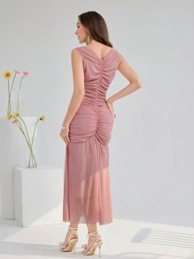 Modelyn 女士無袖夏季修身裙，3D花卉裝飾 - 粉色 - 查看 2