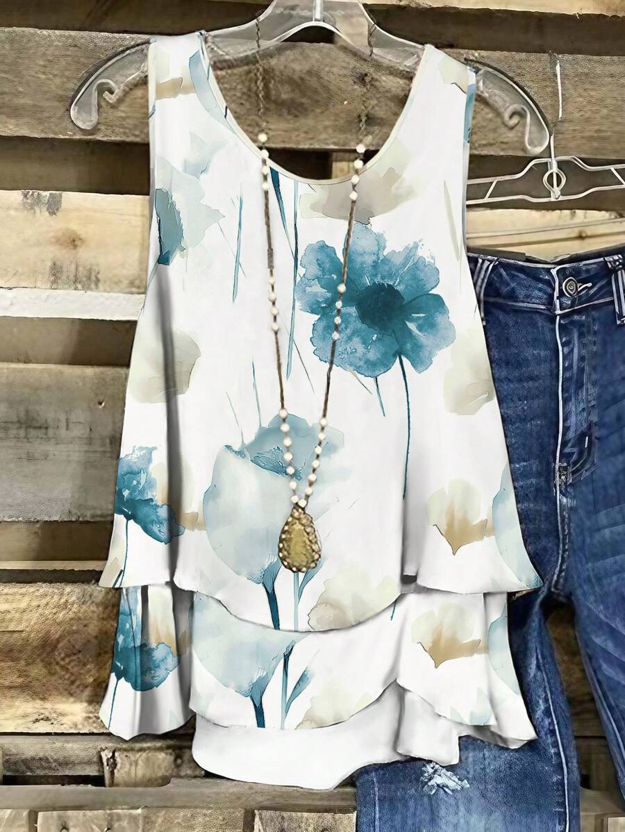 EMERY ROSE 女士时尚印花不对称下摆宽松背心图案 T 恤女式上衣