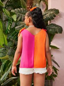 SHEIN 青少年女孩加大尺寸編織彩色拼接無袖上衣，適用於度假和夏季休閒穿著