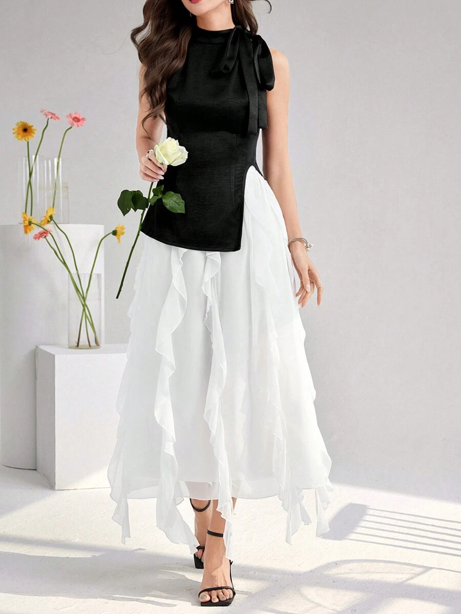 Mulvari 女士夏季纯色立领打结侧开衩下摆上衣和拼布荷叶边下摆中长裙优雅两件套 2 件套 - 黑與白 - 查看 1