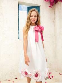 SHEIN Tween Girl Loose Fit Phong cách nghỉ mát 3D Khối màu hoa Váy thắt nơ phóng đại - trắng - Xem 3