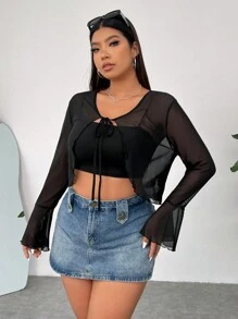 SHEIN EZwear Áo thun tay ngắn cỡ lớn cho nữ có dây buộc phía trước và viền xếp nếp - màu đen - Xem 1