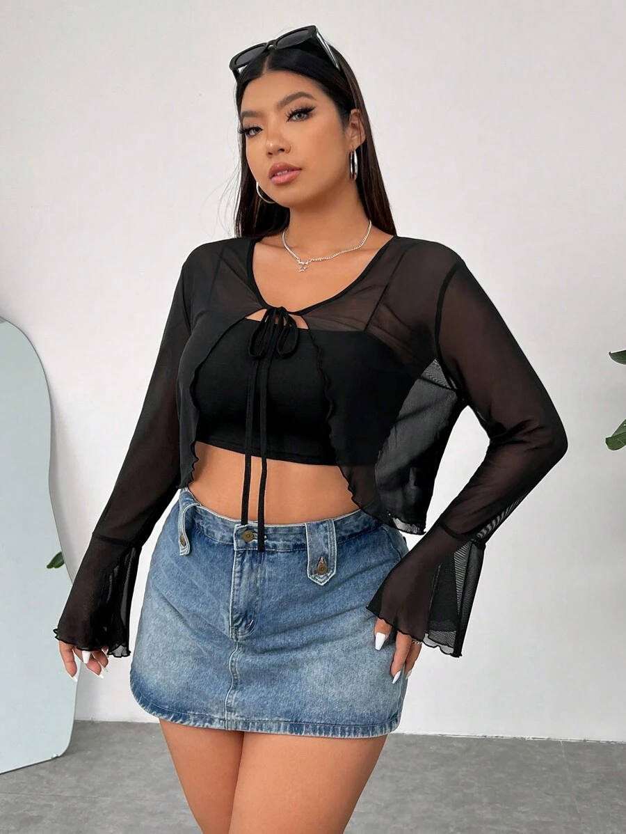 SHEIN EZwear Áo thun tay ngắn cỡ lớn cho nữ có dây buộc phía trước và viền xếp nếp - màu đen - Xem 1