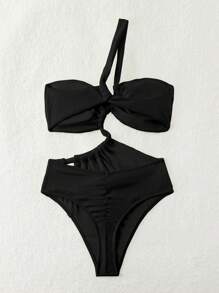 SHEIN Swim 女士實色中空腰部單肩性感一件式泳裝，度假必備 - 黑色 - 查看 5