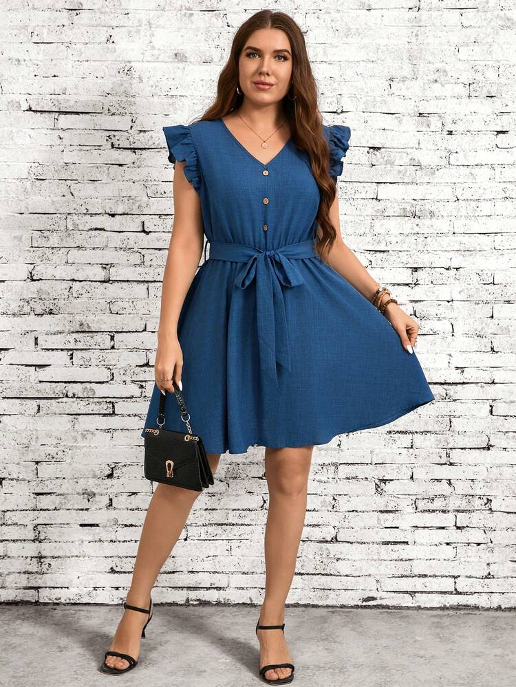Plus Size Women's Stylish V-Neck Ruffle Trim Dress With Gathered Waist And A-Line Hem