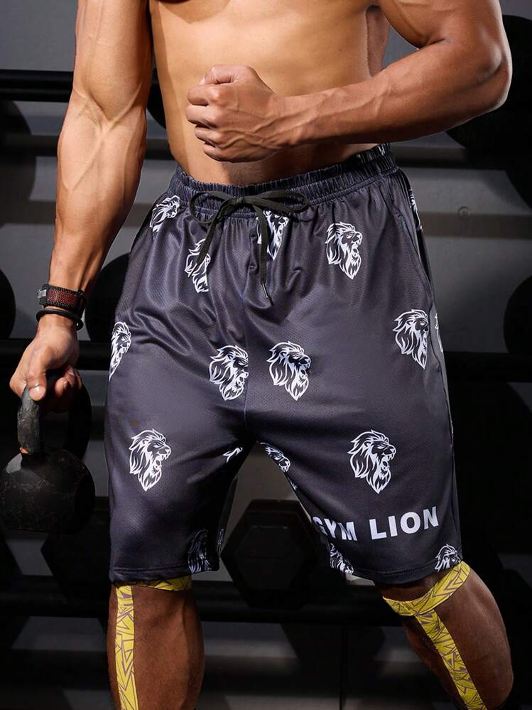 Manfinity Sport Corelite Boyfriend Style Men's Drawstring Lion Printed Casual Sports Shorts Jogger Shorts Sweat Pants Black Shorts - Black - View 1