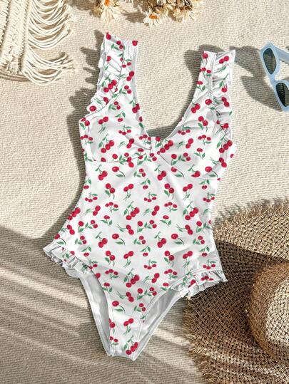 Swim Mod V-Neck Fruit Printed Swimwear With Ruffles For Summer Beach