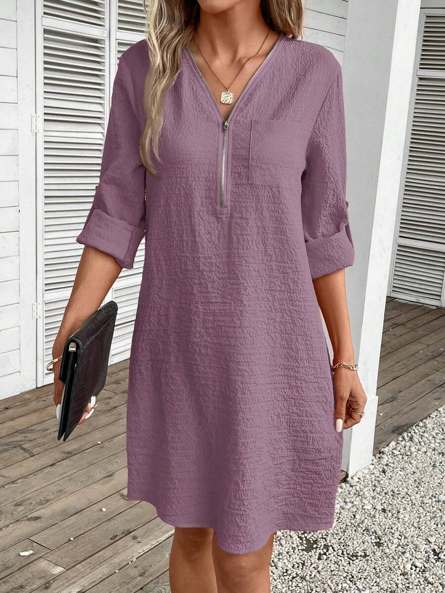 EMERY ROSE Women's Solid Color Zipper Pocket Long Sleeve Dress - Dusty Purple - View 1