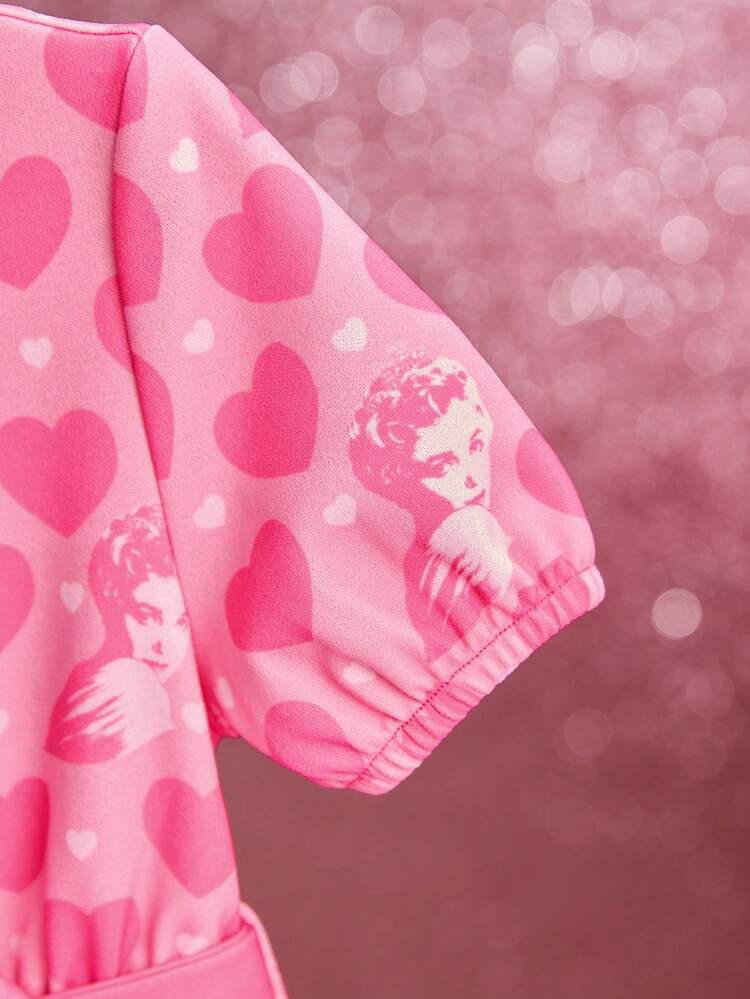Young Girl Heart Print Puff Sleeve Belted Dress