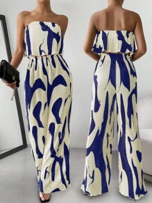 Chiquease 女性休閒夏季印花褶皺無袖上衣和休閒寬腿褲，2件套 - 藍色 - 查看 1