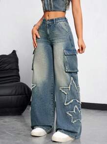 SHEIN ICON 女士寬鬆寬腿牛仔褲，帶口袋和星形拼接，適合日常穿著和旅行 - 藍色 - 查看 3