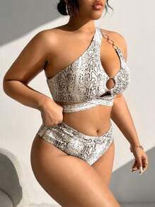 SHEIN Swim Curve Plus Size Random Snake Print Two-Piece Bikini Set,Summer Beach - Brown - View 4