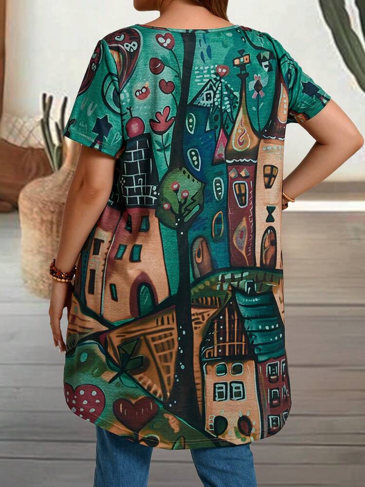 Plus Size Women's Summer Countryside Castle Printed Round Neck Short Sleeve Casual T-Shirt, Summer,Vacation/Spring