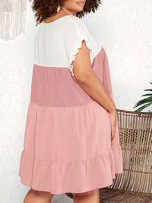 SHEIN CURVE+ Robe d"été grande taille de style vacances plage avec manches à volants et col rond bicolore en A - Multicolore - Voir 2