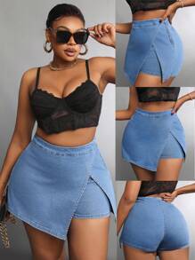 SHEIN SXY Shorts vaqueros casuales lisos para mujer de talla grande para uso diario