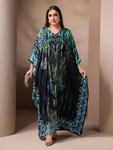 Plus Size Peacock Feather Print Batwing Sleeve Dress, Fashion For Spring Summer - Multicolor - View 3