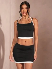 SHEIN BAE Ladies' Black & White Color Block Top & Low Waist Color Block Mini Skirt Set For Summer Dates And Daily Vacations