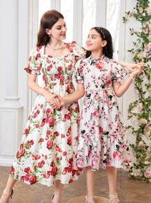 SHEIN Vestido floral holgado y casual con cuello de volantes y mangas abullonadas para niña preadolescente - Rosa - Ver 3