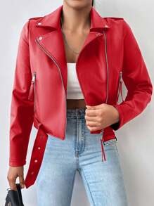 SHEIN Ladies Lapel Zip Cardigan Jacket - Red - View 1