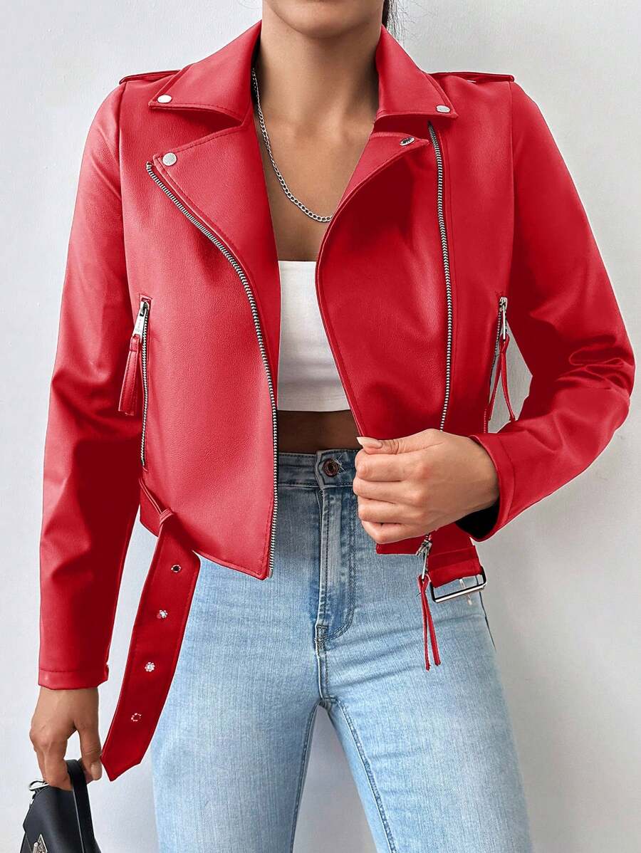 SHEIN Ladies Lapel Zip Cardigan Jacket - Red - View 1