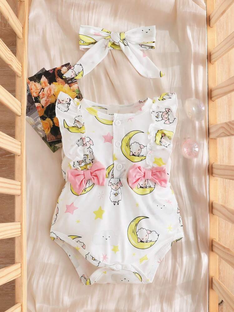 2pcs Baby Girls' Lovely Cartoon Sheep Printed Sleeveless Bodysuit Set