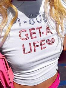 INAWLY Camiseta gráfica casual de mujer con cuello redondo, manga corta, estampado de letra con pedrería, top de verano