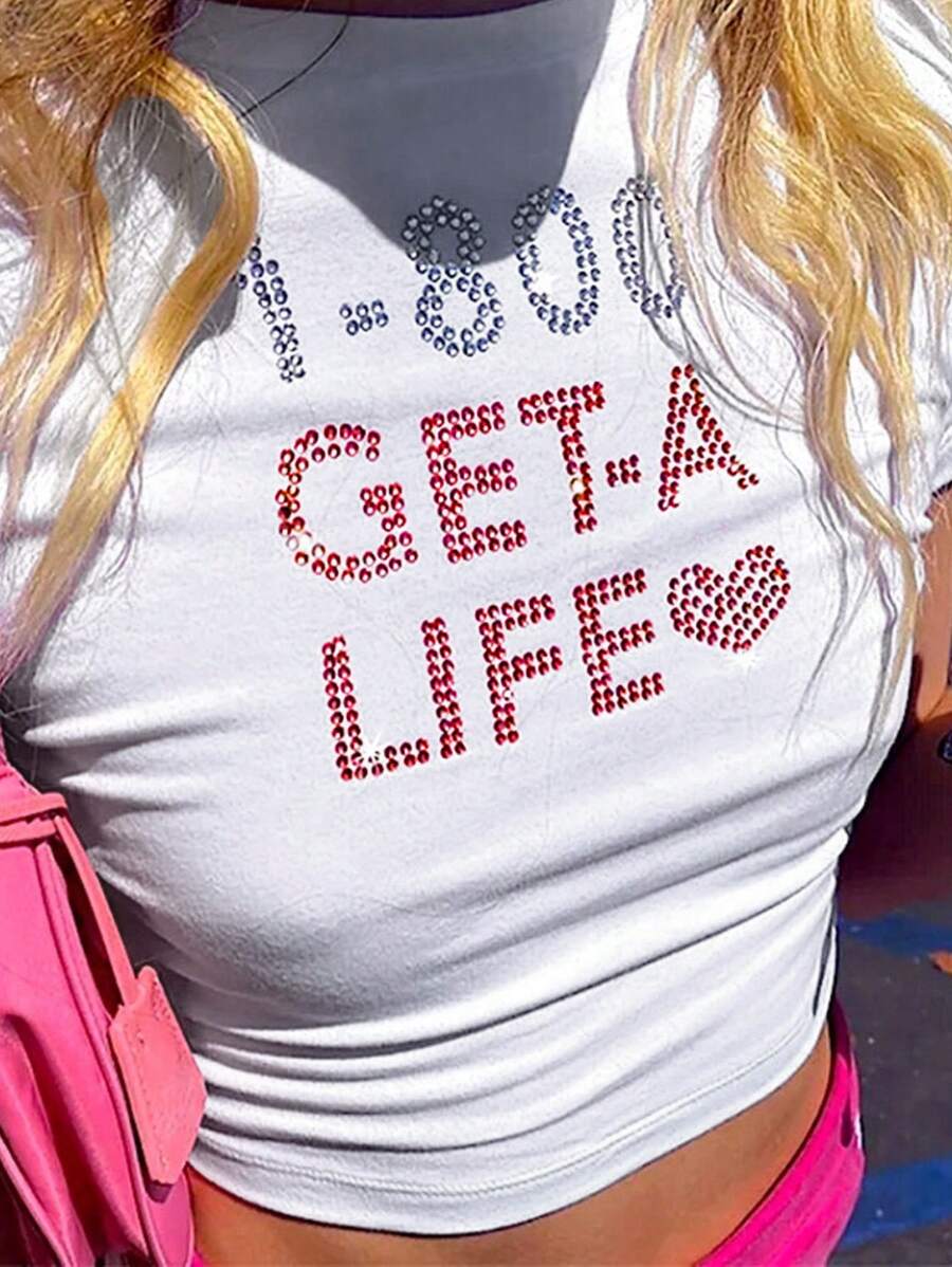INAWLY Camiseta gráfica casual de mujer con cuello redondo, manga corta, estampado de letra con pedrería, top de verano