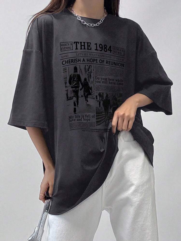 Women's Summer Casual Fit Casual T-Shirt With Slogan And Character Print, Round Neckline And Drop Shoulder Sleeves, CHERISH A HOPE OF REUNION Graphic Tee Oversized T-Shirt