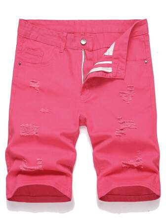 Pink Distressed Denim Shorts For Men, European And American Style