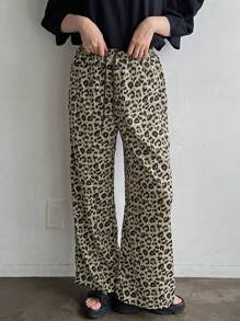FRIFUL 女性休閒時尚豹紋寬腿褲 - 綠色 - 查看 5