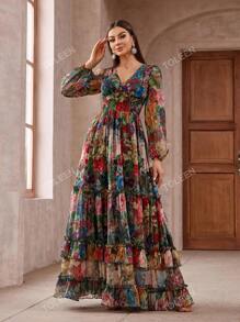 Women's Vintage Floral Long Sleeve Frill Trim Summer Dress