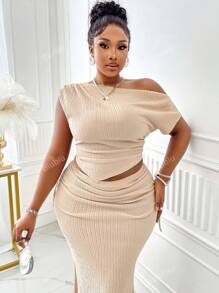 BIUBIU Spring/Summer New Plus Size Elegant Casual Commuter Asymmetrical Slanted Shoulder Collar Pleated Top With Asymmetric Hem And Mermaid-Style Striped Skirt Set