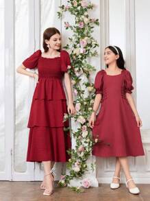 少女可愛泡泡袖圓領側綁中長款連衣裙 - 紅色 - 查看 1