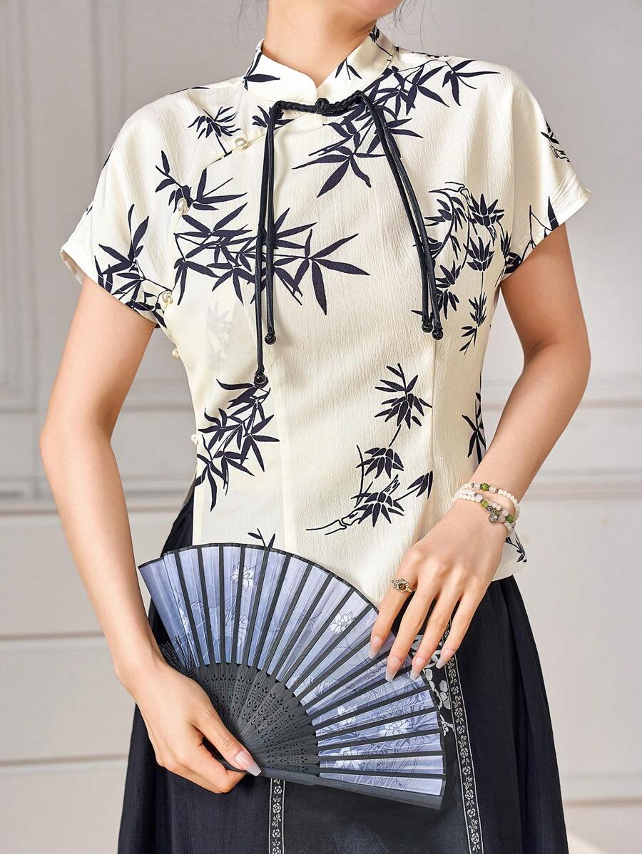 Modelyn 中式立领植物印花优雅短袖汉服上衣，改良型汉服上衣 - 杏色 - 查看 1