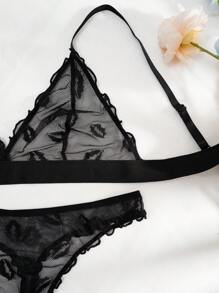 PetitDoll Breathable Lip Pattern Mesh Triangle Cup Bra And Thong Set Wireless Lingerie - Black - View 6
