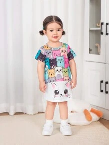 SHEIN Leuke gebreide cartoonpatroon patchwork losse jurk met korte mouwen voor babymeisjes, zomer