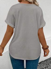 INAWLY T-shirt décontracté pour femme de grande taille à col en V et à manchettes retroussées, coupe décontractée, été